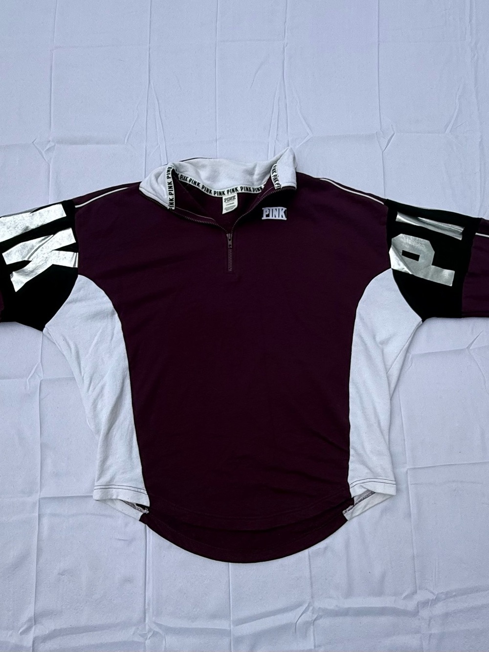 #84 PINK Quarter-Zip Pullover in Burgundy and White-size(L)